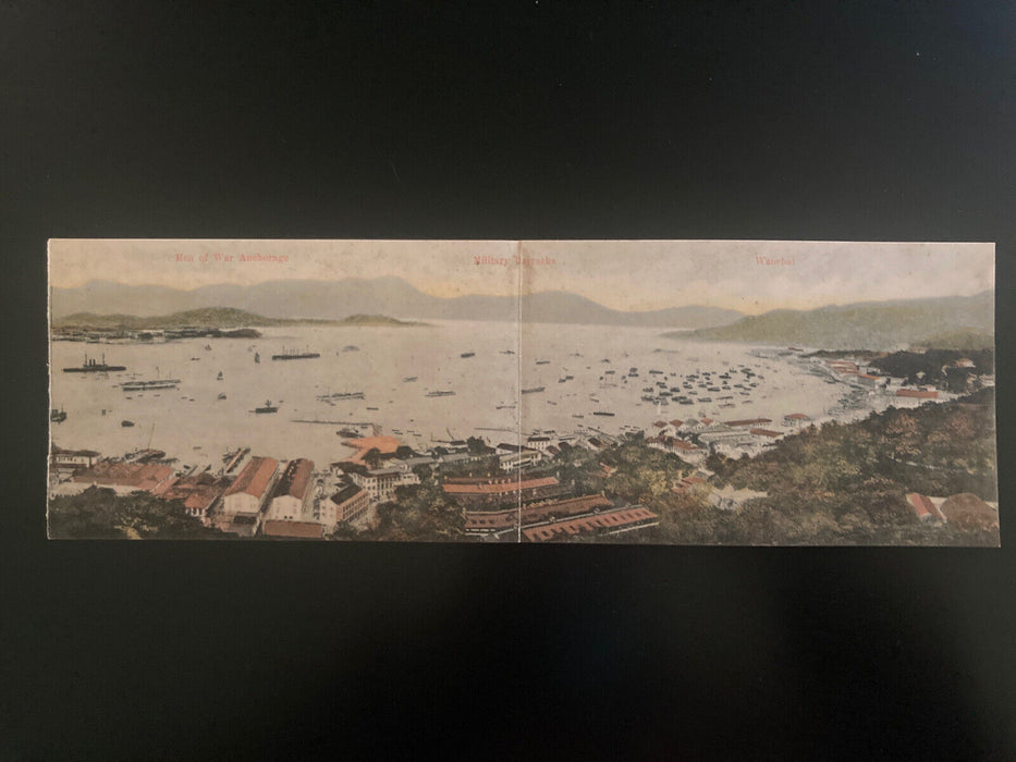 c1910 Panoramic Bifold Hong Kong China Port Antique Battleship Postcard