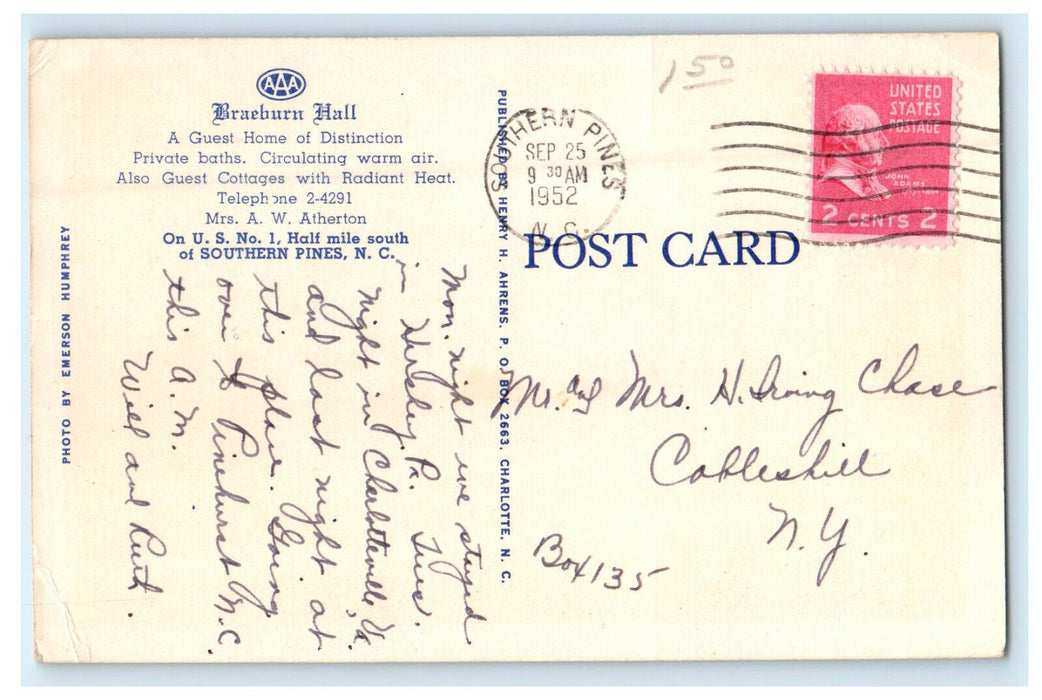 1952 Braeburn Hall, On U.S. 1 Southern Pines, North Carolina NC Postcard