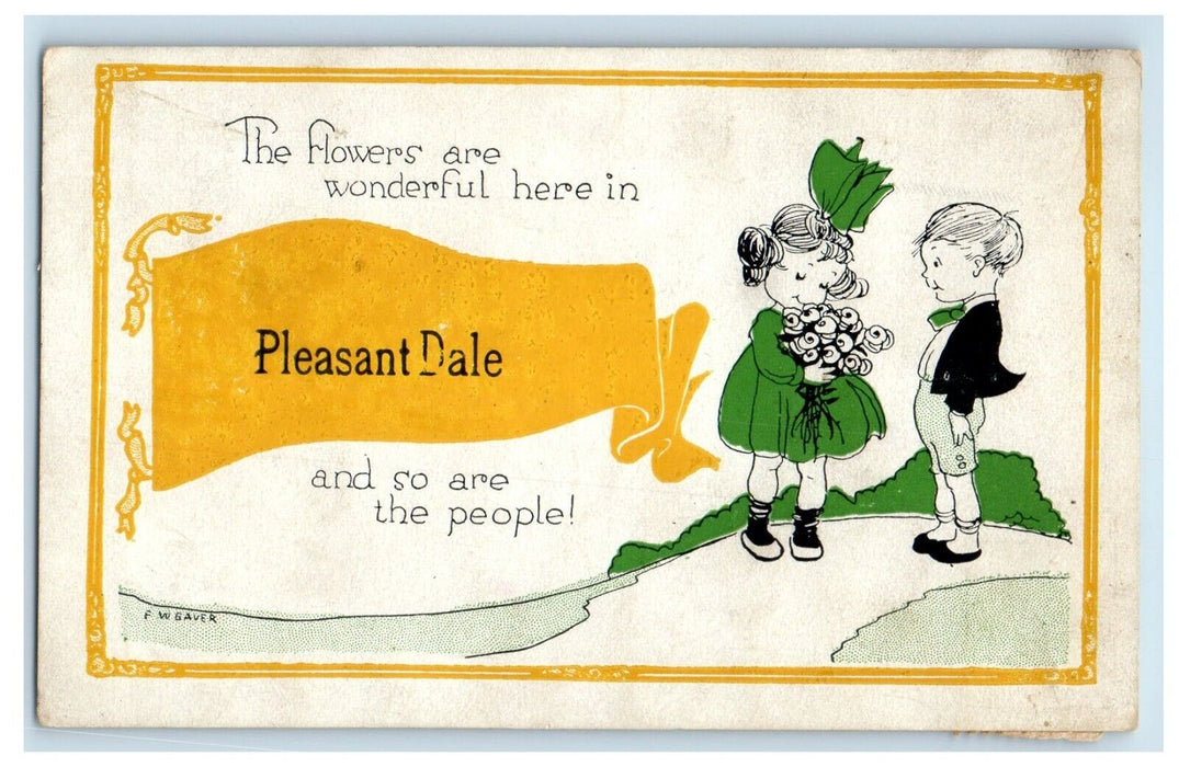 1921 Boy Girl Flowers Pleasant Dale West Virginia WV Pennant F W Gaver Postcard