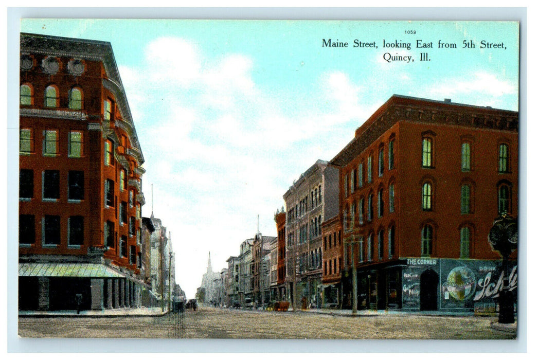 c1910s Maine Street, Looking East from 5th Street, Quincy Illinois IL Postcard
