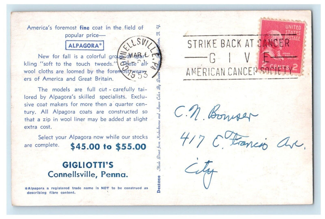 1953 Gigliotti's Fine Coat Store Alpagora Advertising Connellsville PA Postcard