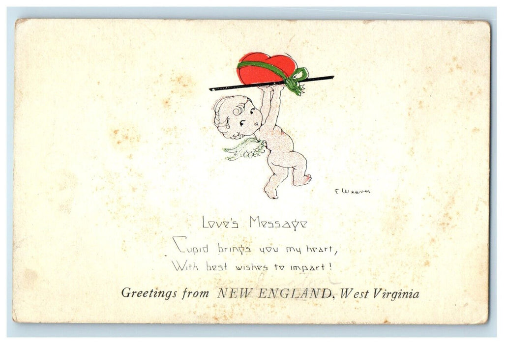 c1910's Greetings From New England WV, Cherub Cupid Brings Heart Postcard