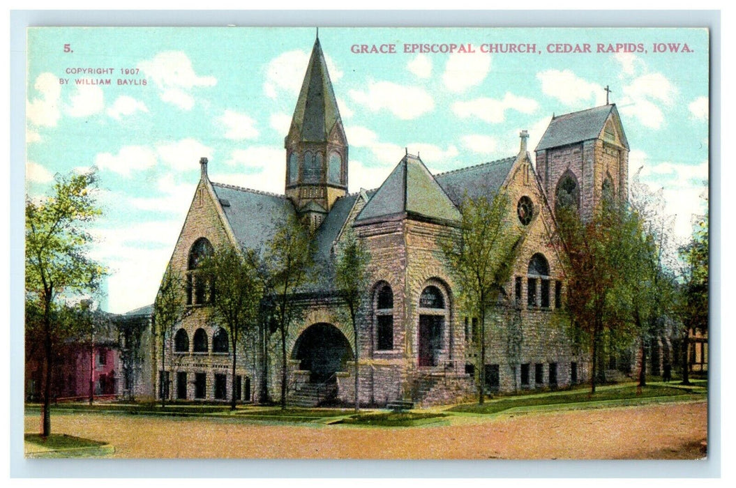 c1910's Grace Episcopal Church Street View Cedar Rapids Iowa IA Antique Postcard