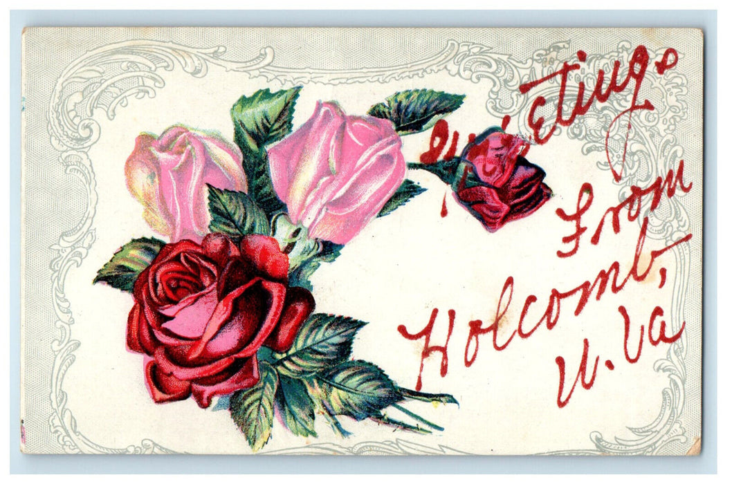 c1910 Pink and Red Flower, Grey Frame, Greetings from Holcomb WV Postcard