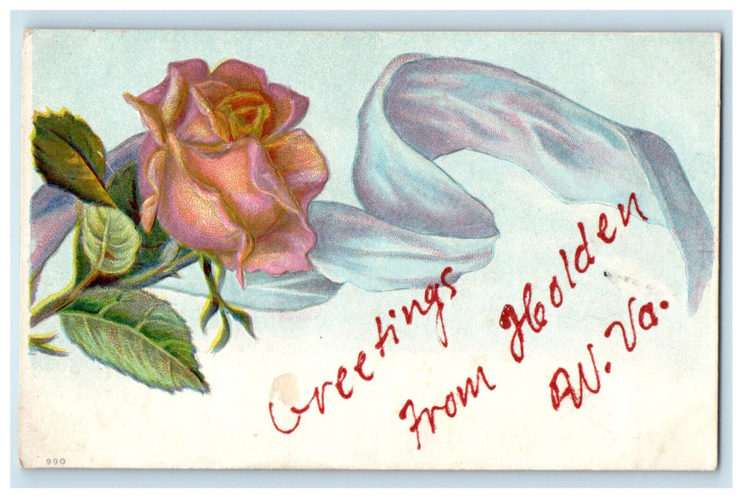 c1910 Greetings from Holden West Virginia WV Posted Antique Floral Postcard