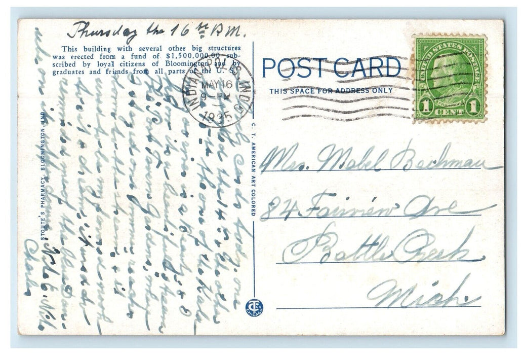 1935 New Union Building University Of Indiana Bloomington IN Vintage Postcard