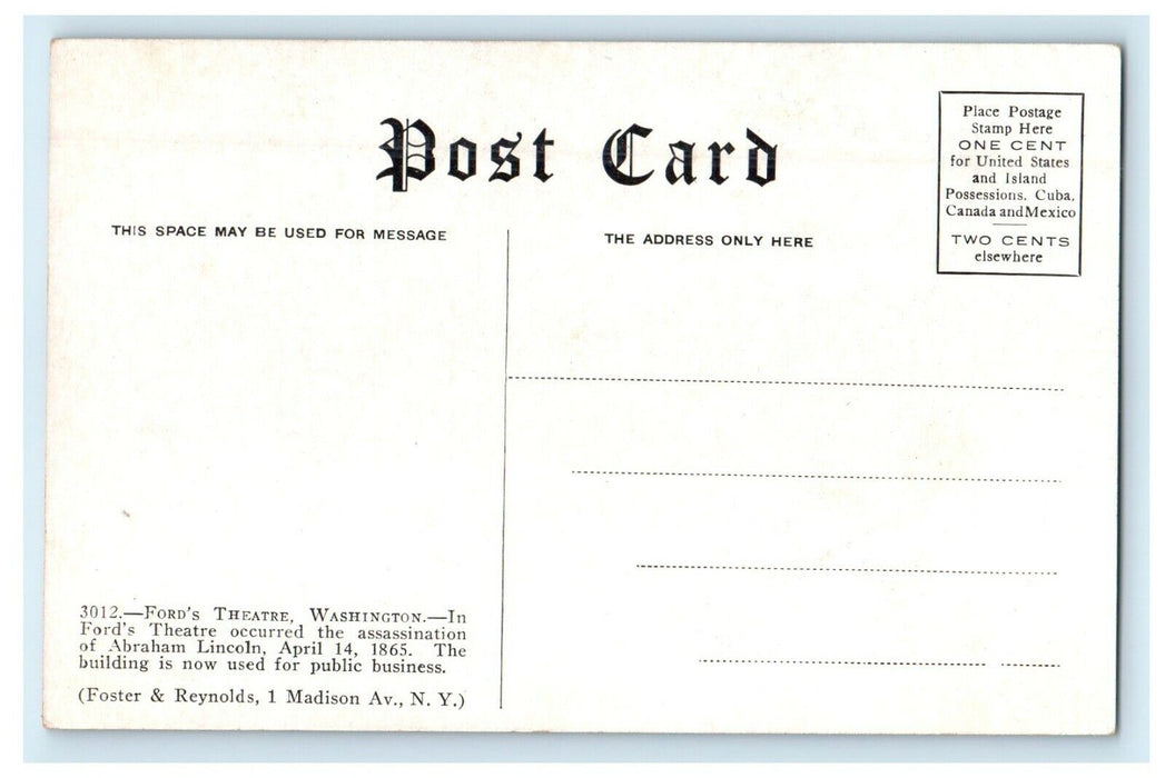 c1910's Ford's Theatre Washington DC, Assignation Of Abraham Lincoln Postcard