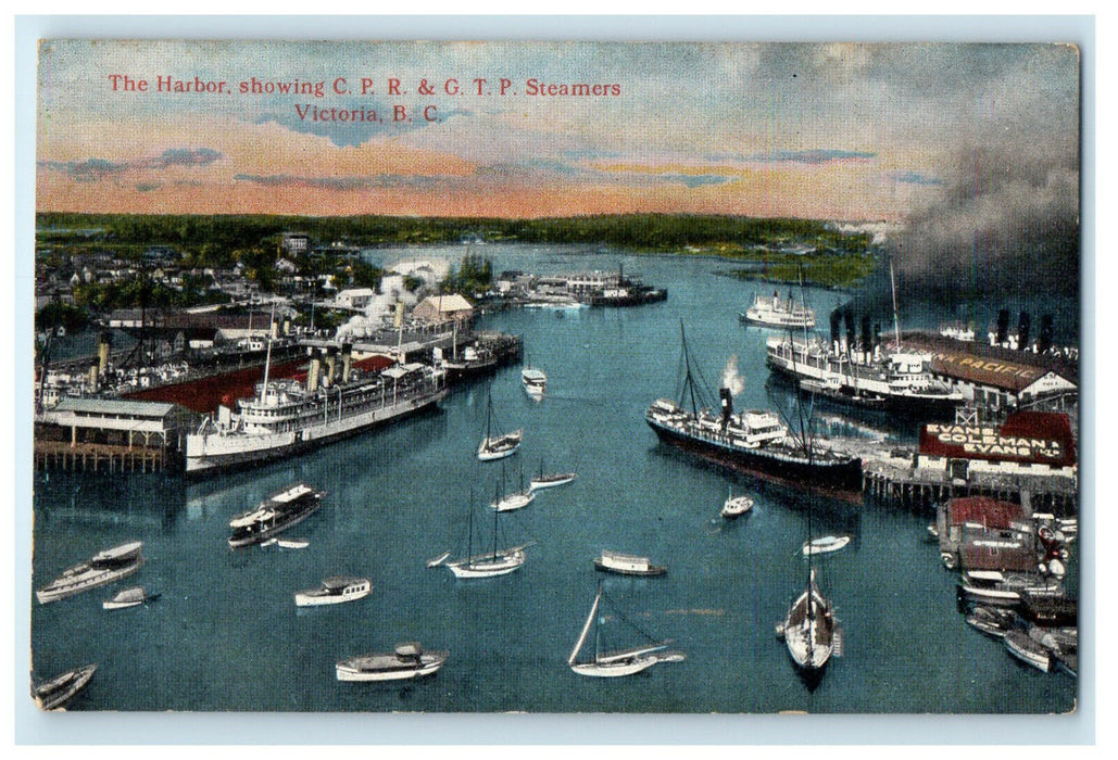 c1910 The Harbor, CPR & GTP Steamers Vancouver BC Canada CA Foreign Postcard