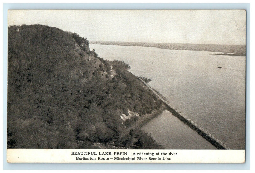 c1910 Beautiful Lake Pepin Burlington Route RR Train Mississippi River Postcard