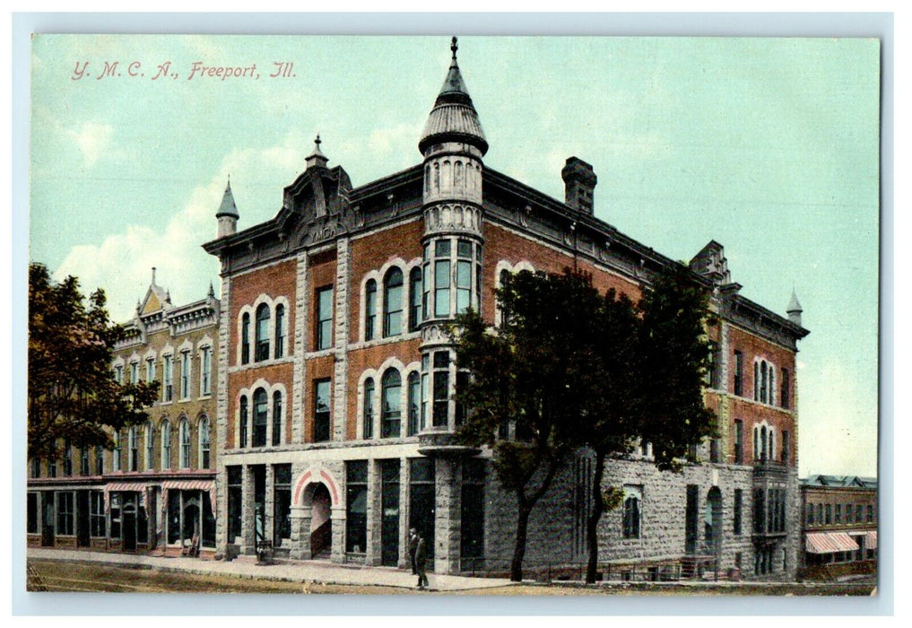 c1910's Y.M.C.A. Building Street View Freeport Illinois IL Antique Postcard