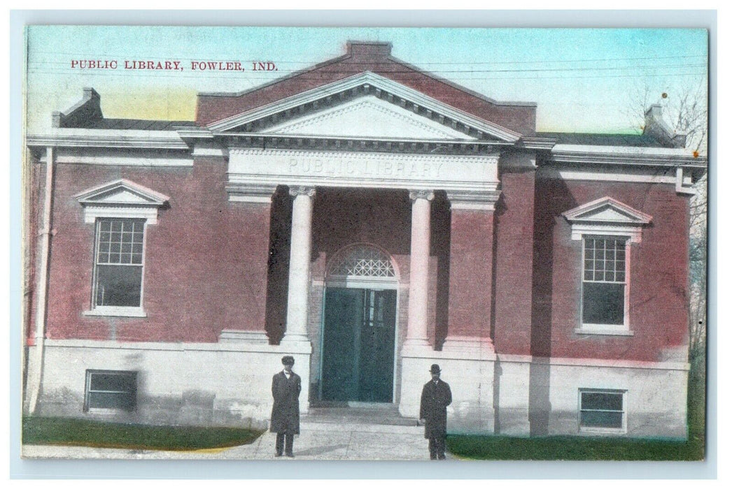 c1910's Fowler Indian IN, Public Library Scene Street Boys Front Postcard