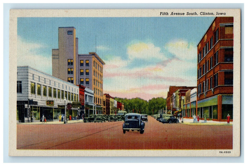 1950 Road Scene, Fifth Avenue South Clinton Iowa IA Posted Postcard