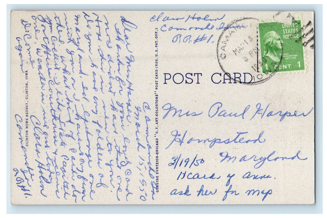 1950 Road Scene, Fifth Avenue South Clinton Iowa IA Posted Postcard