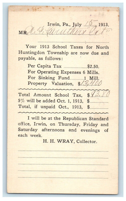 1913 Irwin PA, School Texas North Huntington Township Advertising Postcard
