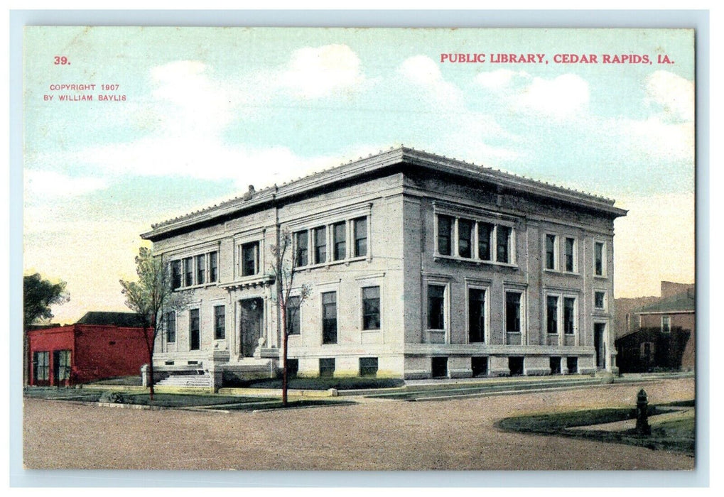 c1910's Public Library Street View Cedar Rapids Iowa IA Antique Postcard
