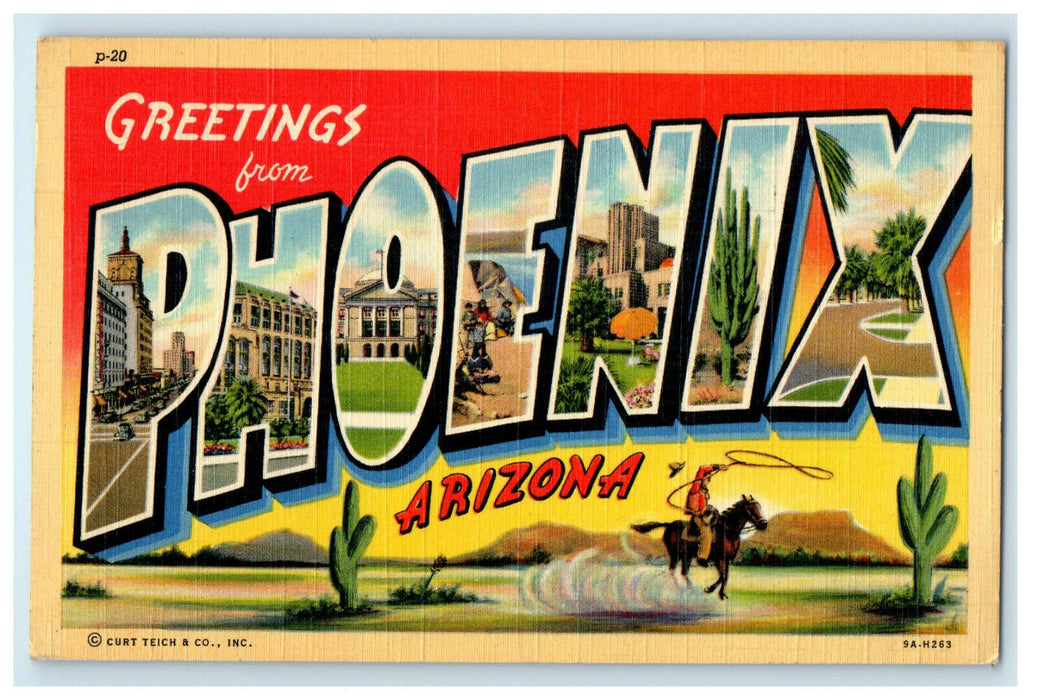 1942 Cactus, Cowboy with Lasso Greetings from Phoenix Arizona Cancel Postcard