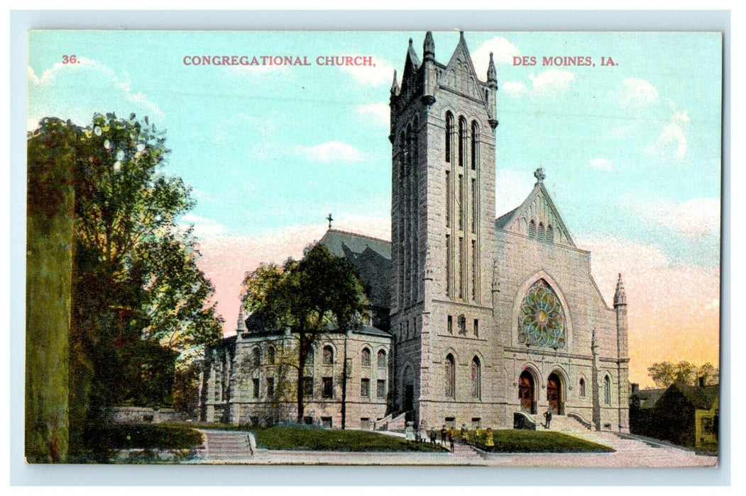 c1910's Congregational Church Street View Des Moines Iowa IA Antique Postcard