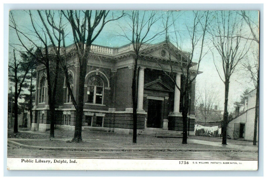 c1910's Public Library Building Street View Delphi Indiana IN Antique Postcard