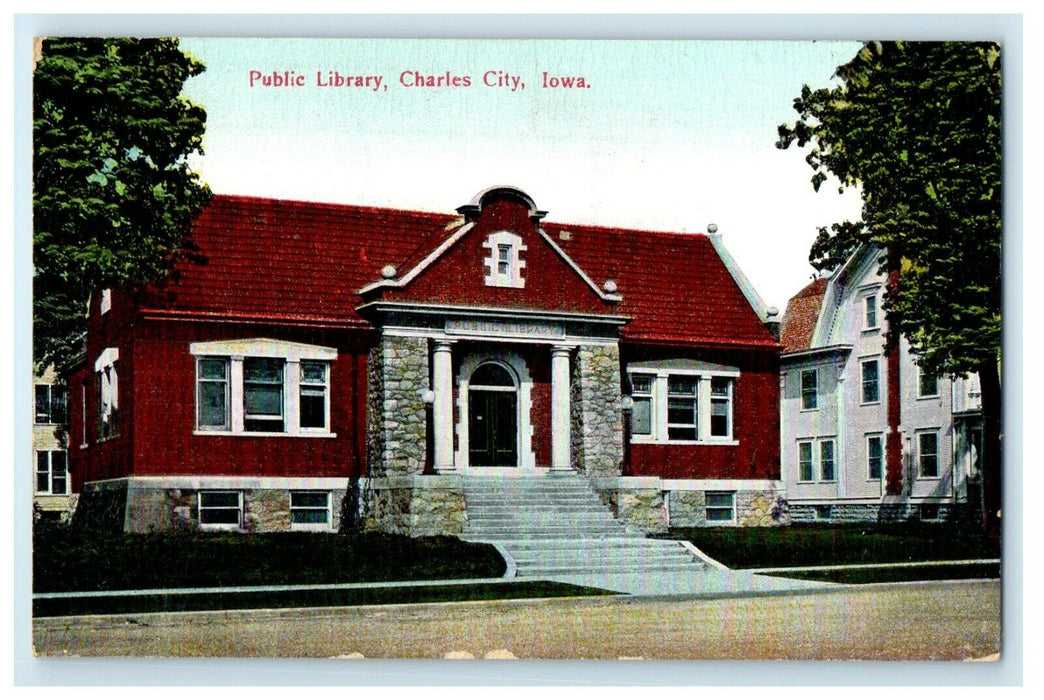c1910's Public Library Street View Charles City Iowa IA Antique Postcard