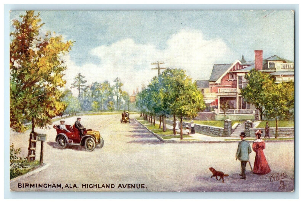 c1905 Tuck's Oilette Higland Avenue Car Dog Birmingham Alabama AL Postcard