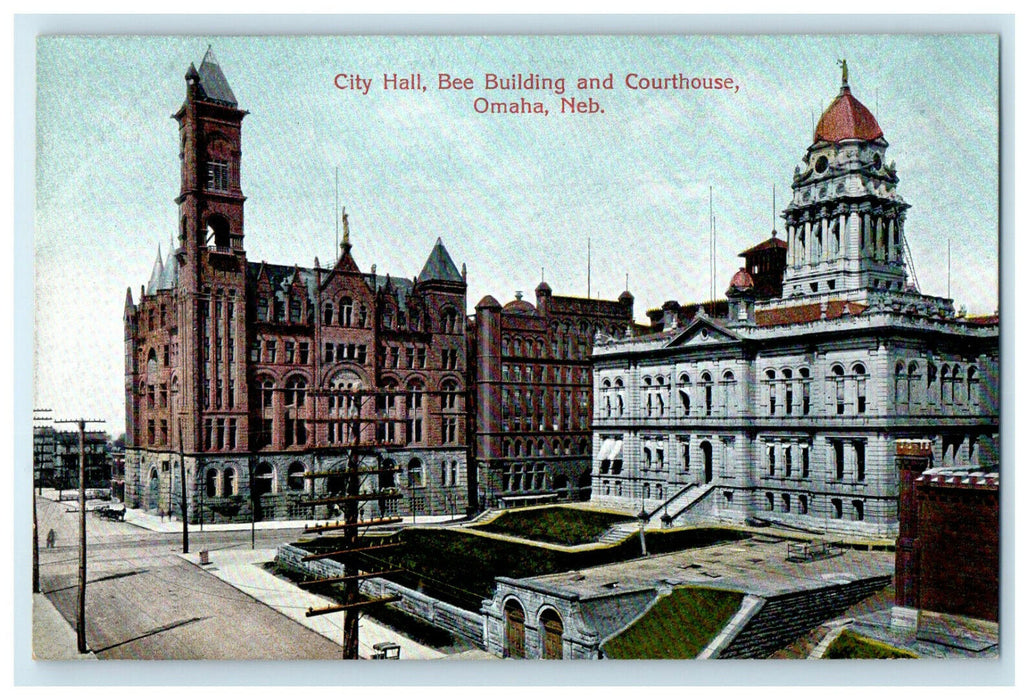 c1910s City Hall, Bee Building and Courthouse, Omaha Nebraska NE Postcard