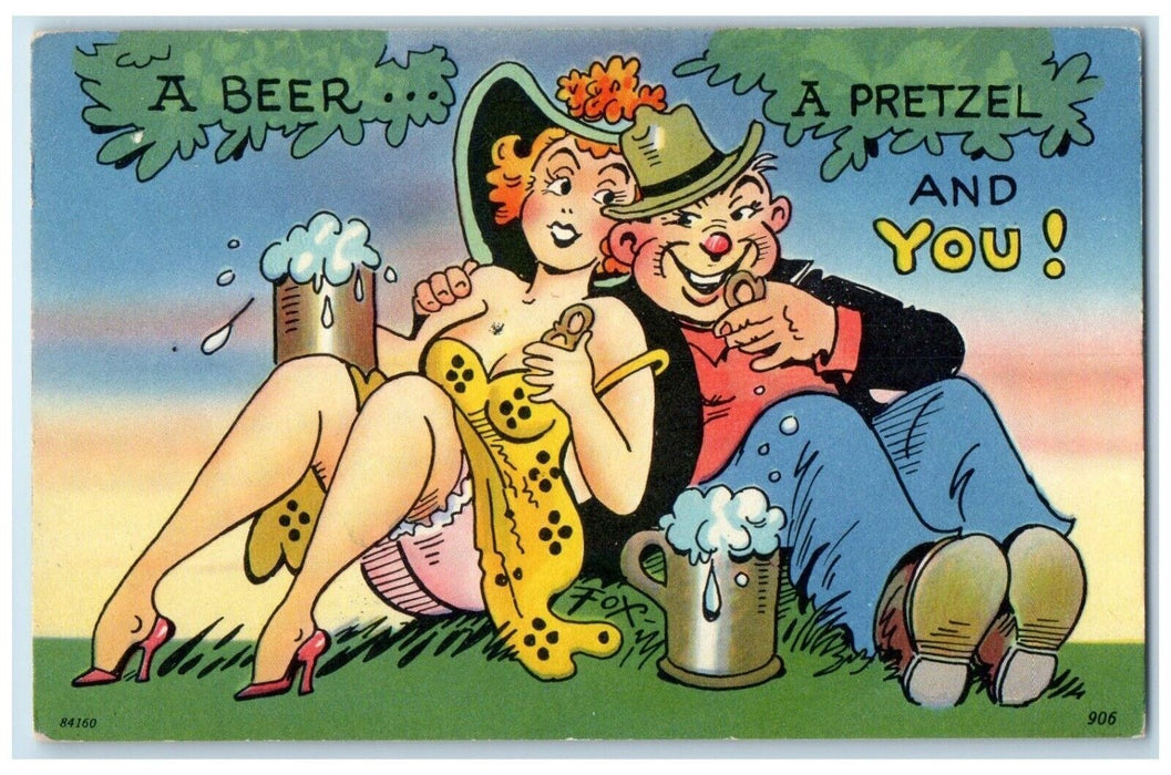 c1930's Couple Drinking Alcohol A Beer A Pretzel And You Vintage Postcard