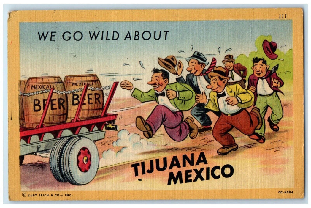 c1940's Men Chasing Truck With Mexican Beer Keg Barrel Tijuana Mexico Postcard