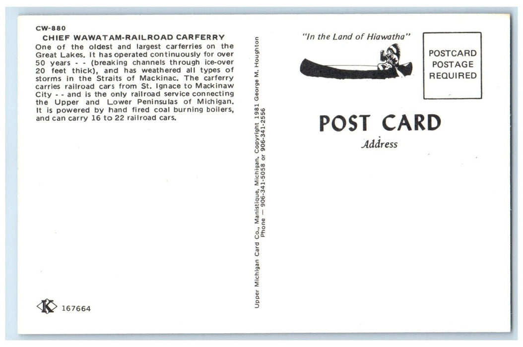 c1960 Chief Wawatam Railroad Carferry Great Lakes Mackinaw Michigan MI Postcard