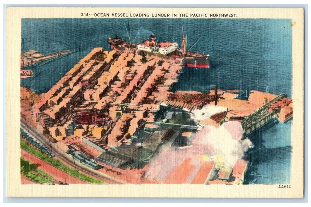 1934 Aerial Ocean Vessel Loading Lumber Pacific Northwest Washington WA Postcard