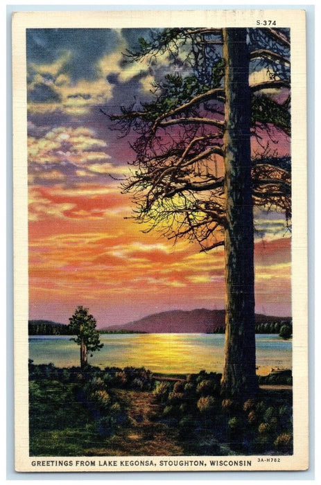 1939 Greetings From Lake Kegonsa Stoughton Wisconsin WI Sunset Vintage Postcard