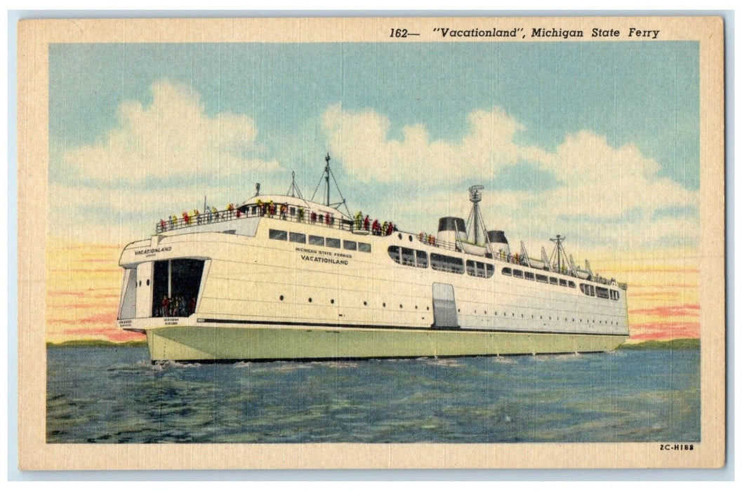 c1940 Vacationland Michigan State Ferry Ship Great Lakes Sea Michigan Postcard