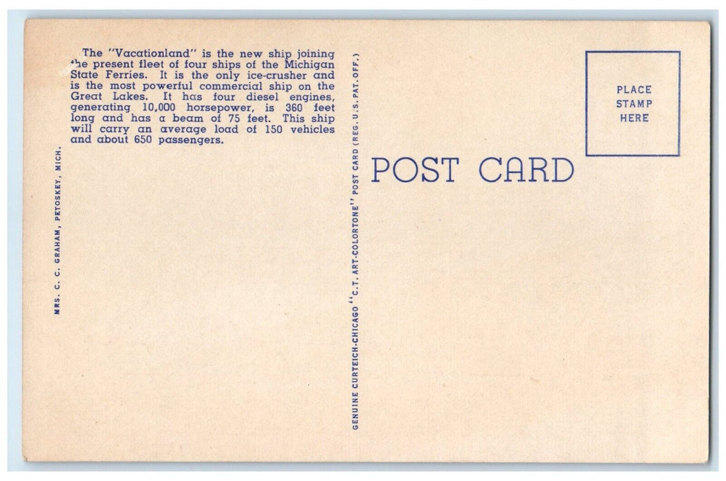c1940 Vacationland Michigan State Ferry Ship Great Lakes Sea Michigan Postcard