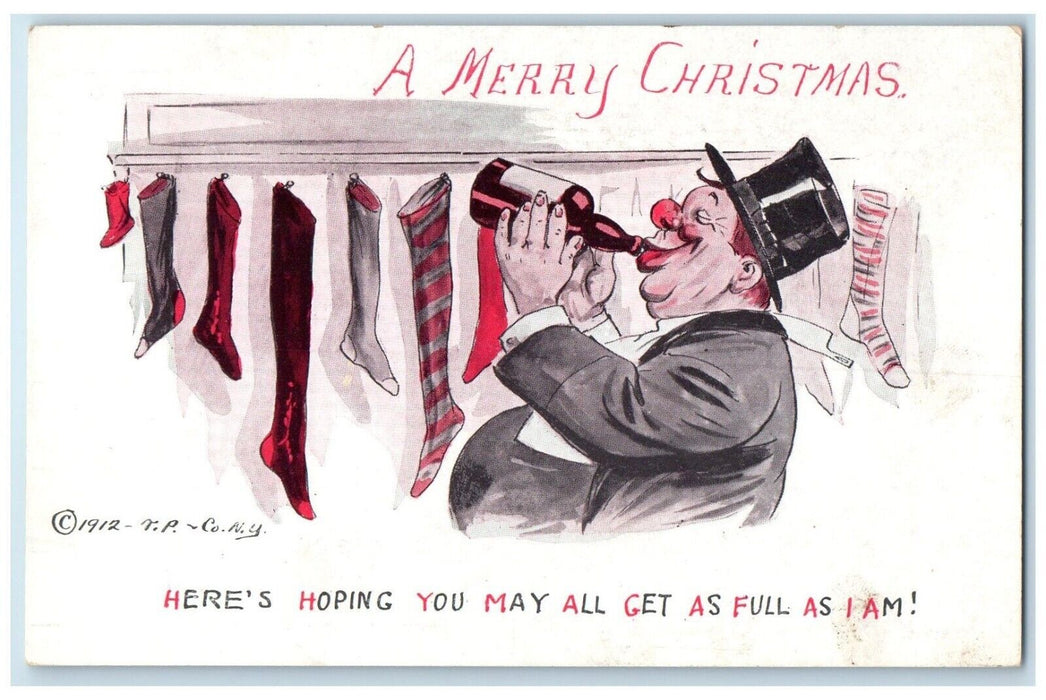 1912 Merry Christmas Drunk Man Hanging Stockings Posted Antique Postcard