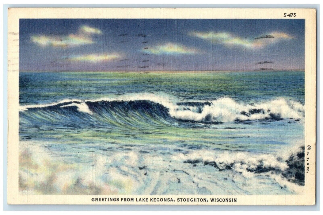 1939 Greetings From Lake Kegonsa Stoughton Wisconsin WI Waves Vintage Postcard