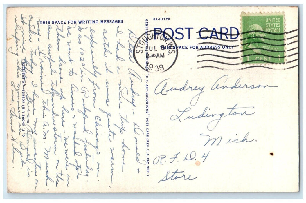 1939 Greetings From Lake Kegonsa Stoughton Wisconsin WI Waves Vintage Postcard