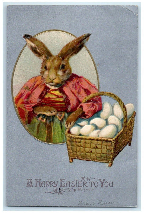 c1905 Easter Anthropomorphic Rabbit With Basket Of Eggs Embossed Nash Postcard