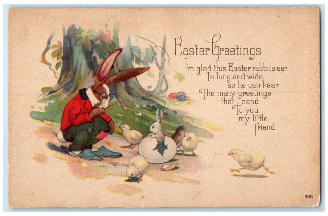 c1910's Easter Greetings Anthropomorphic Rabbit Chicks Hatched Egg Postcard