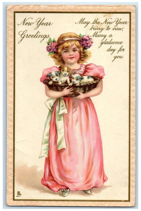 c1910's New Year Greetings Little Girl With Puppies In Basket Tuck's Postcard