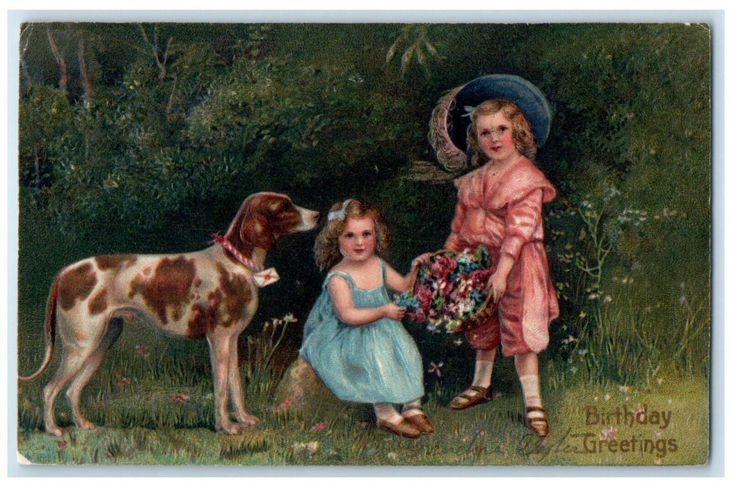 1909 Birthday Greetings Children Dog Embossed Philadelphia PA Embossed Postcard