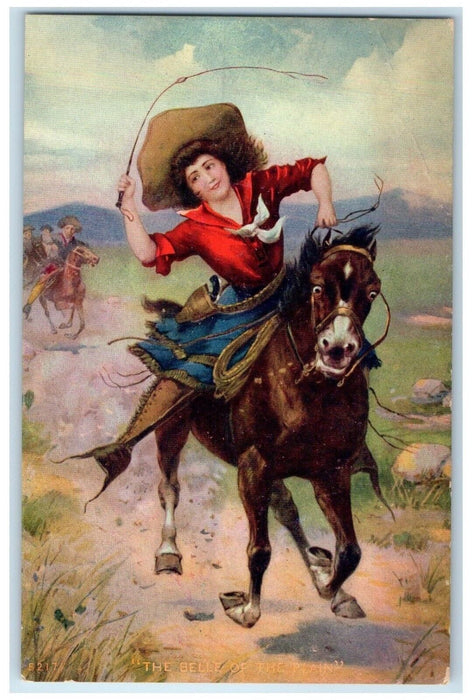 c1905 Cowgirl Big Hat Riding Horse In Field Unposted Antique Postcard