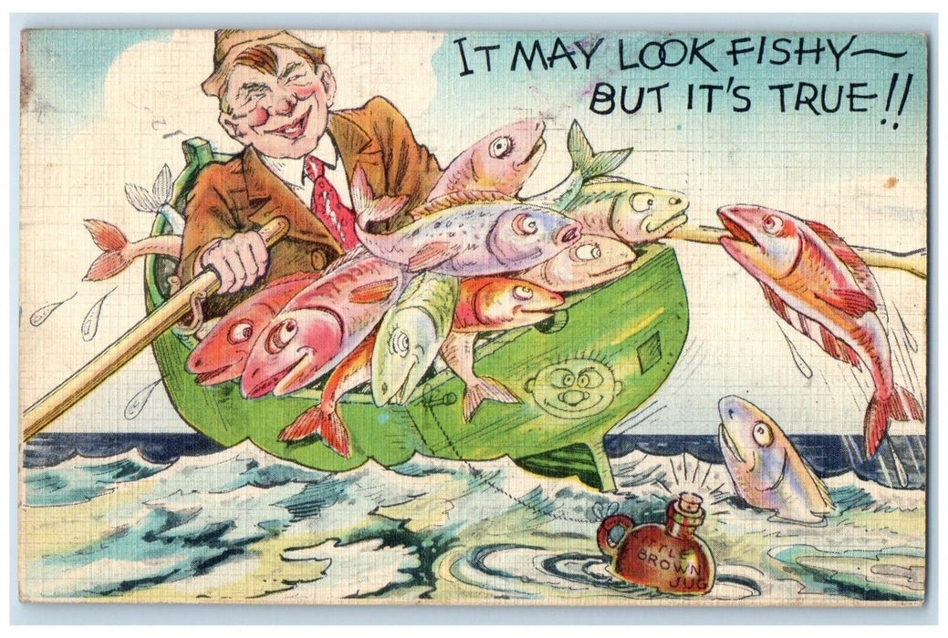 1938 Old Man Boating With Fishes Little Brown Jug Mystic Connecticut CT Postcard