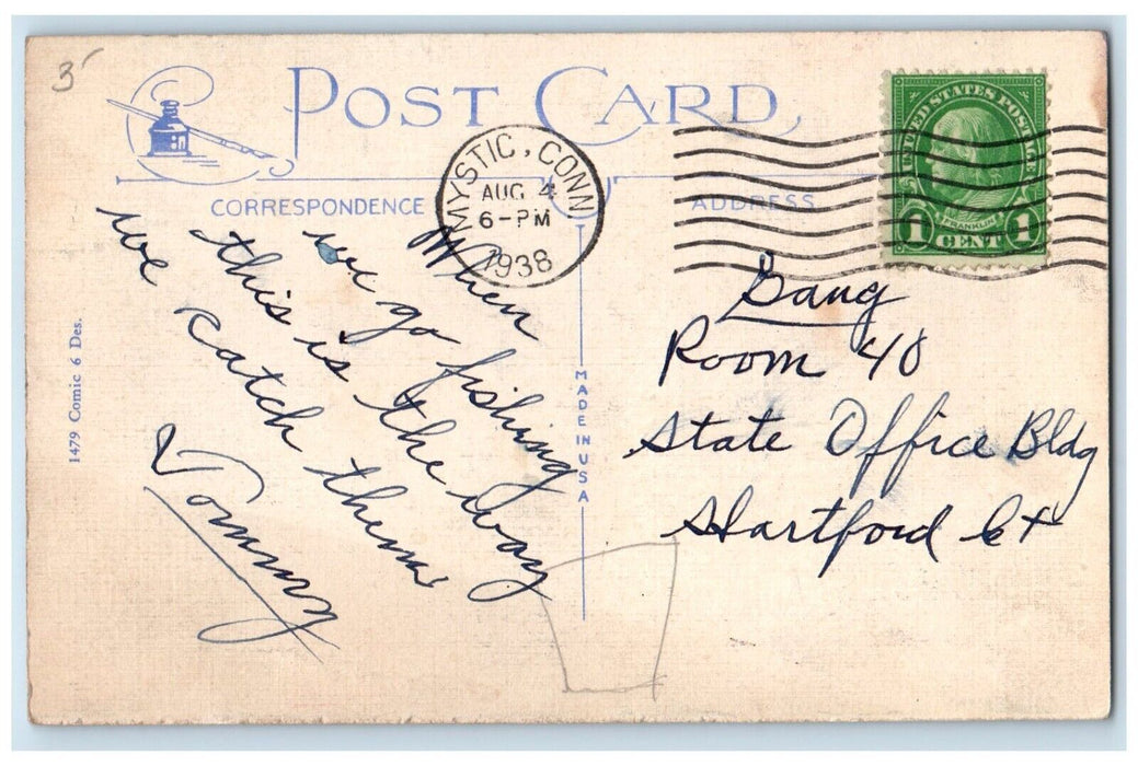 1938 Old Man Boating With Fishes Little Brown Jug Mystic Connecticut CT Postcard