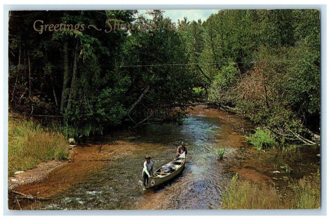 1962 Greetings Shawano Wisconsin WI Canoeing Boat River Posted Vintage Postcard