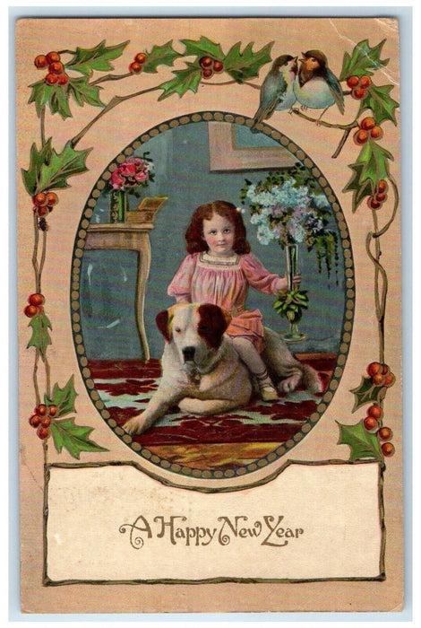 1912 Happy New Year Little Girl Dog Holly Berries Bridgeport CT Antique Postcard