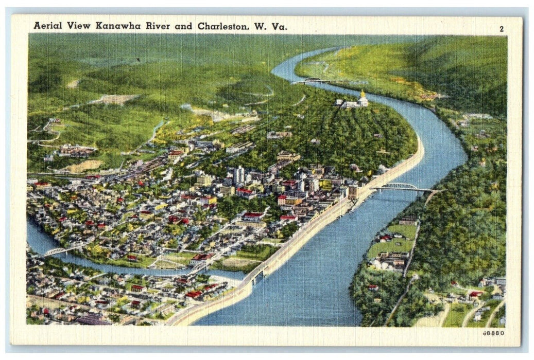 c1940 Aerial View Kanawha River Charleston West Virginia W VA Vintage Postcard