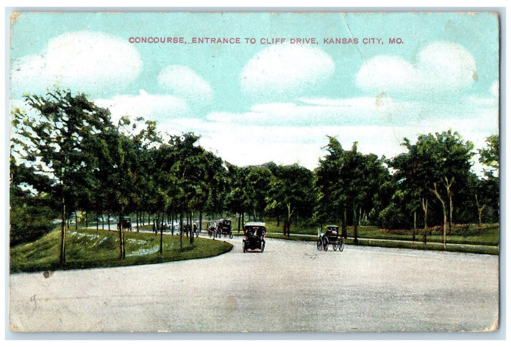 1908 Concourse Entrance To Cliff Drive Cars Kansas City Missouri MO Postcard