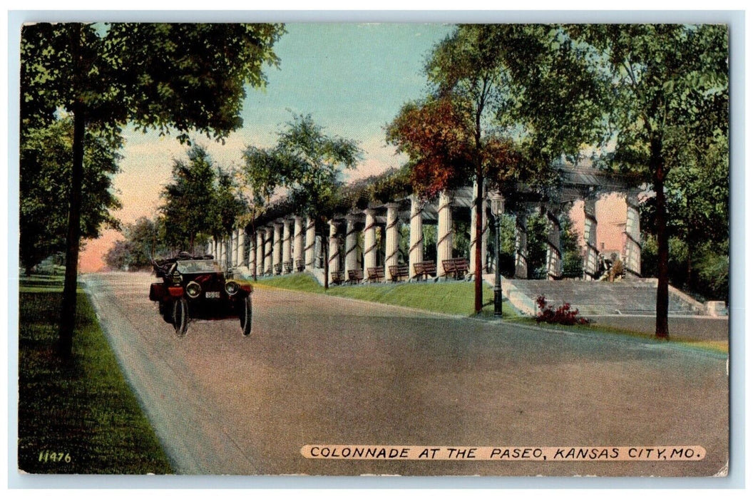 1916 Colonnade At The Paseo Car Scene Kansas City Missouri MO Antique Postcard