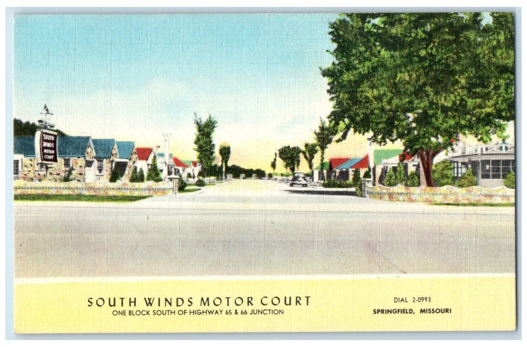 1953 South Winds Motor Court Roadside Car Springfield Missouri MO Postcard