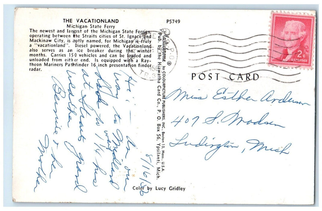 1956 Vacationland Michigan State Ferry Straits St. Ignace Mackinaw City Postcard