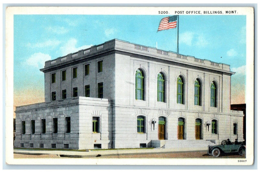 1929 Post Office Building Scene Street Car Billings Montana MT Vintage Postcard